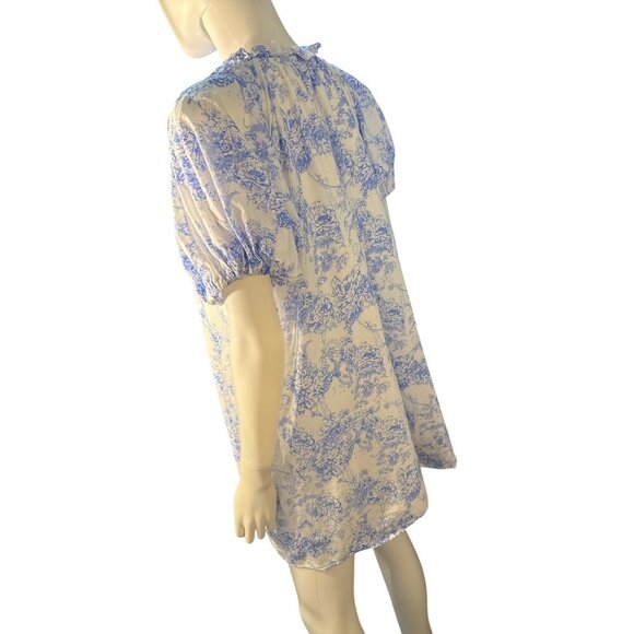 Entro Womens Blue & White Floral Puff Sleeve Mini V-Neck Dress - Size M EUC - Picture 5 of 8